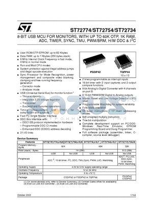 ST72734J6B1 datasheet - 8-BIT USB MCU FOR MONITORS, WITH UP TO 60K OTP, 1K RAM, ADC, TIMER, SYNC, TMU, PWM/BRM, H/W DDC & I2C