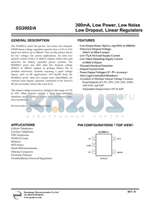 SG2002-1.8XN5/TR datasheet - 300mA, Low Power, Low Noise Low Dropout, Linear Regulators
