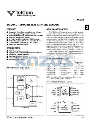 TC623CEOA datasheet - 3V, DUAL TRIP POINT TEMPERATURE SENSOR