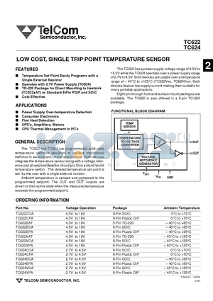 TC624VPA datasheet - LOW COST, SINGLE TRIP POINT TEMPERATURE SENSOR