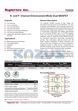 TC6320TG-G datasheet - N- and P- Channel Enhancement-Mode Dual MOSFET