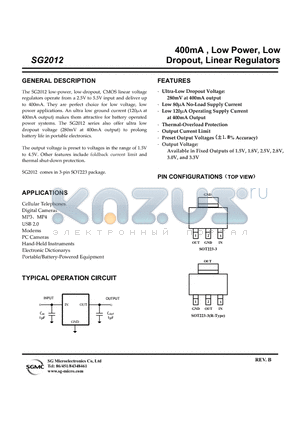 SG2012-1.5XKC3R/TR datasheet - 400mA , Low Power, Low Dropout, Linear Regulators