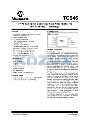 TC646EUA datasheet - PWM Fan Speed Controller with Auto-Shutdown and FanSense Technology
