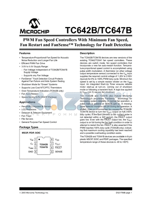 TC647BEOA713 datasheet - PWM Fan Speed Controllers With Minimum Fan Speed, Fan Restart and FanSense Technology for Fault Detection
