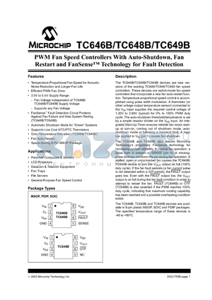 TC648BEOA713 datasheet - PWM Fan Speed Controllers With Auto-Shutdown, Fan Restart and FanSense Technology for Fault Detection