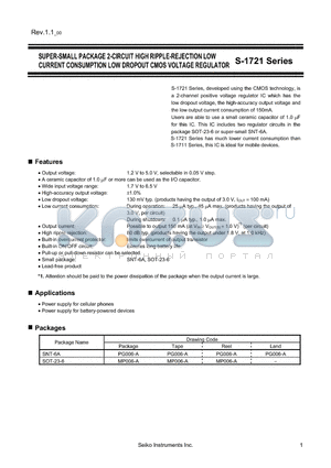 S-1721A2828-I6T1G datasheet - SUPER-SMALL PACKAGE 2-CIRCUIT HIGH RIPPLE-REJECTION LOW CURRENT CONSUMPTION LOW DROPOUT CMOS VOLTAGE REGULATOR