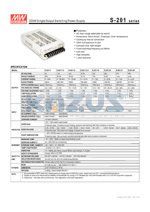 S-201-12 datasheet - 200W Single Output Switching Power Supply