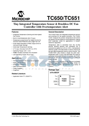 TC650ACUATR datasheet - Tiny Integrated Temperature Sensor & Brushless DC Fan Controller with Overtemperature Alert