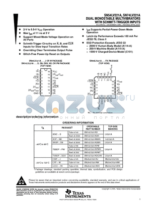 SN74LV221ANSRG4 datasheet - DUAL MONOSTABLE MULTIVIBRATORS WITH SCHMITT-TRIGGER INPUTS