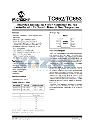 TC652 datasheet - Integrated Temperature Sensor & Brushless DC Fan Controller with FanSenseDetect & Over-Temperature