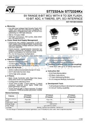 ST72F324J4T6 datasheet - 5V RANGE 8-BIT MCU WITH 8 TO 32K FLASH,10-BIT ADC, 4 TIMERS,SPI,SCI INTERFACE