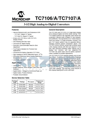 TC7106 datasheet - 3-1/2 Digit Analog-to-Digital Converters