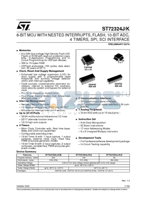 ST72F324K4B6 datasheet - 8-BIT MCU WITH NESTED INTERRUPTS, FLASH, 10-BIT ADC, 4 TIMERS, SPI, SCI INTERFACE