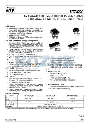 ST72F324K4T6 datasheet - 5V RANGE 8-BIT MCU WITH 8 TO 32K FLASH, 10-BIT ADC, 4 TIMERS, SPI, SCI INTERFACE