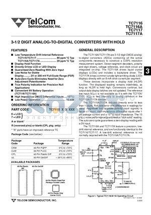 TC7116CLW datasheet - 3-1/2 DIGIT ANALOG-TO-DIGITAL CONVERTERS WITH HOLD