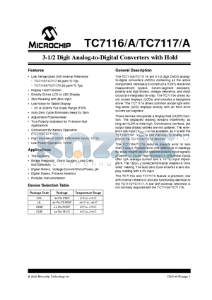 TC7116CPL datasheet - 3-1/2 Digit Analog-to-Digital Converters with Hold