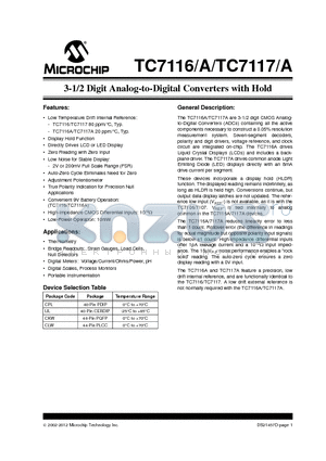 TC7117 datasheet - 3-1/2 Digit Analog-to-Digital Converters with Hold