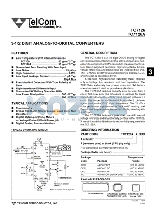 TC7126IPL datasheet - 3-1/2 DIGIT ANALOG-TO-DIGITAL CONVERTERS