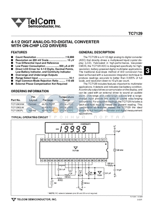 TC7129CPL datasheet - 4-1/2 DIGIT ANALOG-TO-DIGITAL CONVERTER WITH ON-CHIP LCD DRIVERS