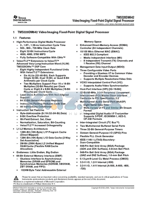 TMS320V642AGDK5 datasheet - Video/Imaging Fixed-Point Digital Signal Processor