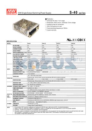 S-40 datasheet - 40W Single Output Switching Power Supply