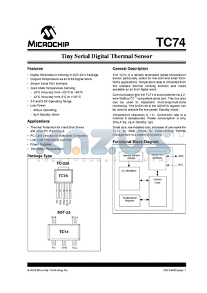 TC74A1-33VAT datasheet - Tiny Serial Digital Thermal Sensor