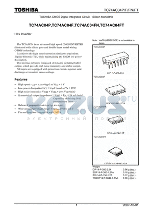 TC74AC04P_07 datasheet - CMOS Digital Integrated Circuit Silicon Monolithic Hex Inverter