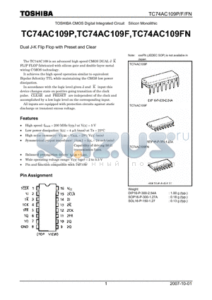 TC74AC109P datasheet - CMOS Digital Integrated Circuit Silicon Monolithic Dual J-K Flip Flop with Preset and Clear