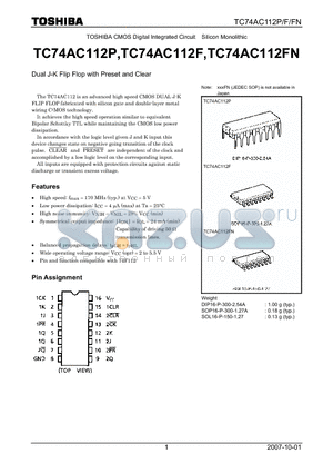 TC74AC112P_07 datasheet - CMOS Digital Integrated Circuit Silicon Monolithic Dual J-K Flip Flop with Preset and Clear