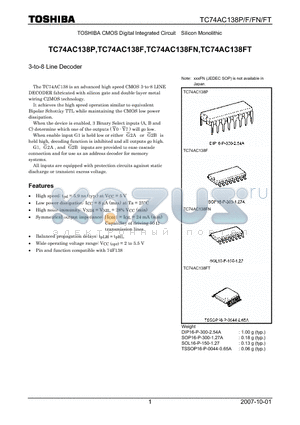 TC74AC138FT datasheet - CMOS Digital Integrated Circuit Silicon Monolithic 3-to-8 Line Decoder