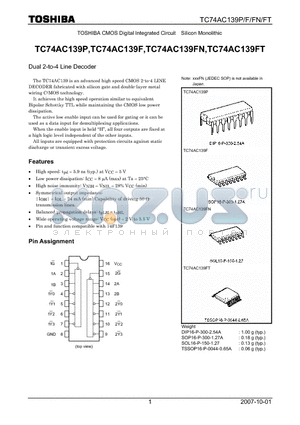 TC74AC139P datasheet - CMOS Digital Integrated Circuit Silicon Monolithic Dual 2-to-4 Line Decoder