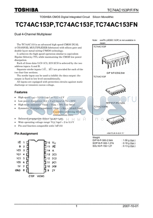 TC74AC153P datasheet - CMOS Digital Integrated Circuit Silicon Monolithic Dual 4-Channel Multiplexer