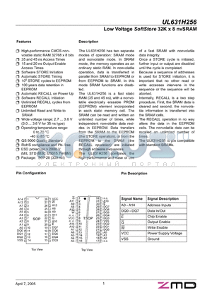 UL631H256SK35 datasheet - Low Voltage SoftStore 32K x 8 nvSRAM