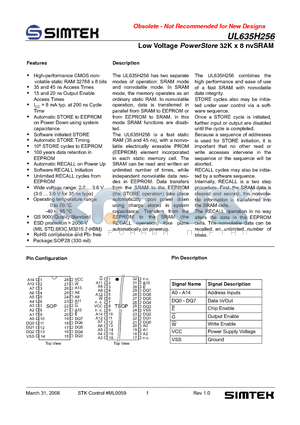 UL635H256SC35G1 datasheet - Low Voltage PowerStore 32K x 8 nvSRAM