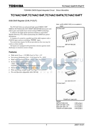 TC74AC164FN datasheet - CMOS Digital Integrated Circuit Silicon Monolithic 8-Bit Shift Register (S-IN, P-OUT)