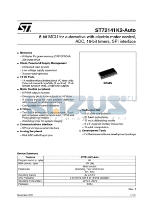 ST72T141K2MARE datasheet - 8-bit MCU for automotive with electric-motor control, ADC, 16-bit timers, SPI interface