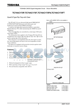 TC74AC175FN datasheet - CMOS Digital Integrated Circuit Silicon Monolithic Quad D-Type Flip Flop with Clear