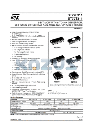 ST72T311J4B3S datasheet - 8-BIT MCU WITH 8 TO 16K OTP/EPROM, 384 TO 512 BYTES RAM, ADC, WDG, SCI, SPI AND 2 TIMERS