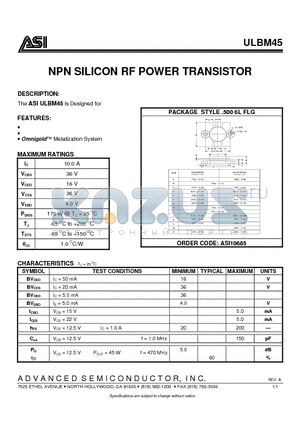 ULBM45 datasheet - NPN SILICON RF POWER TRANSISTOR