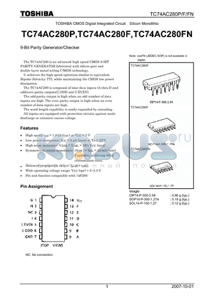 TC74AC280P_07 datasheet - CMOS Digital Integrated Circuit Silicon Monolithic 9-Bit Parity Generator/Checker