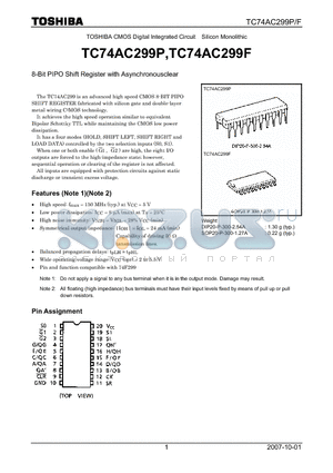 TC74AC299F datasheet - CMOS Digital Integrated Circuit Silicon Monolithic 8-Bit PIPO Shift Register with Asynchronousclear