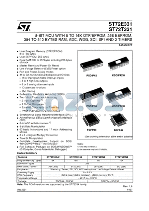 ST72T331J2B6S datasheet - 8-BIT MCU WITH 8 TO 16K OTP/EPROM, 256 EEPROM, 384 TO 512 BYTES RAM, ADC, WDG, SCI, SPI AND 2 TIMERS