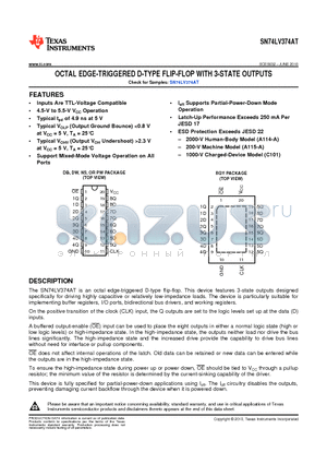 SN74LV374ATDWG4 datasheet - OCTAL EDGE-TRIGGERED D-TYPE FLIP-FLOP WITH 3-STATE OUTPUTS