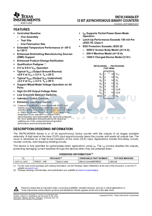 SN74LV4040A-EP datasheet - 12 BIT ASYNCHRONOUS BINARY COUNTERS