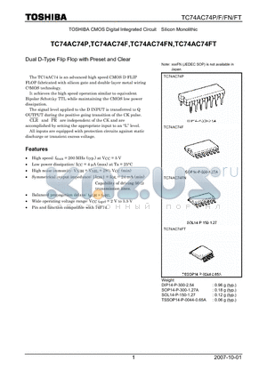TC74AC74F datasheet - CMOS Digital Integrated Circuit Silicon Monolithic Dual D-Type Flip Flop with Preset and Clear