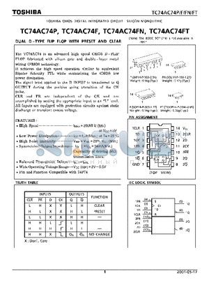 TC74AC74P datasheet - DUAL D TYPE FLIP FLOP WITH PRESET AND CLEAR