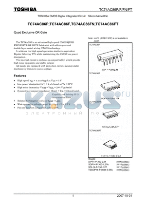 TC74AC86F datasheet - CMOS Digital Integrated Circuit Silicon Monolithic Quad Exclusive OR Gate