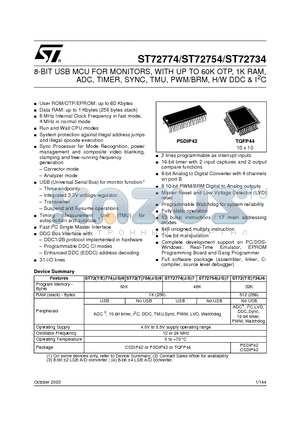 ST72T754S9T1 datasheet - 8-BIT USB MCU FOR MONITORS, WITH UP TO 60K OTP, 1K RAM, ADC, TIMER, SYNC, TMU, PWM/BRM, H/W DDC & I2C