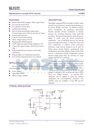 SG6841 datasheet - High-integrated Green-mode PWM Controller