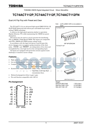 TC74ACT112P datasheet - CMOS Digital Integrated Circuit Silicon Monolithic Dual J-K Flip Flop with Preset and Clear